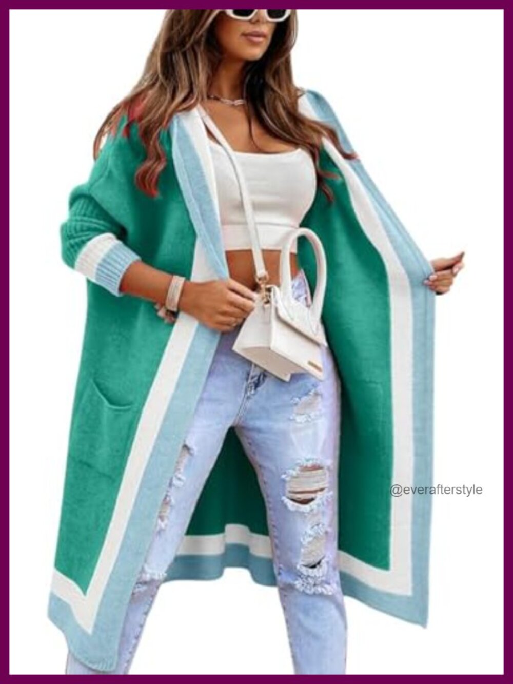 Oversized Hooded Long Knit Cardigan Color Block Sweatshirt Jacket Sweater